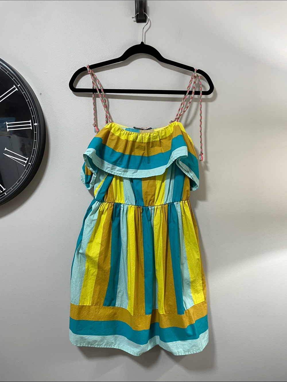 Twin-Set Milano Yellow & Teal Striped Ruffle Mini Sundress EU 42
